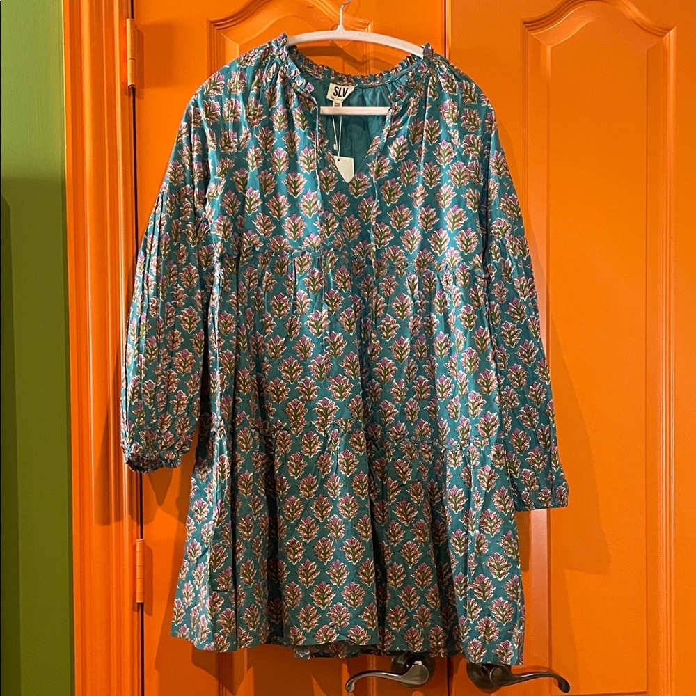 SLV Teal and Pink Patterned Mini Dress